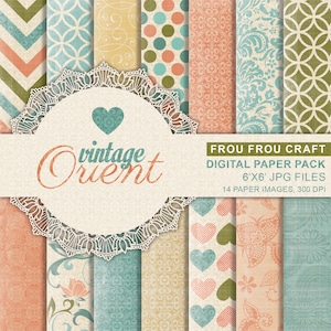 May include: A digital paper pack with 14 vintage-inspired patterns in shades of peach, teal, and brown. The patterns include chevron, polka dots, paisley, and floral designs. The text "Vintage Orient" is displayed in a circle with a lace border.