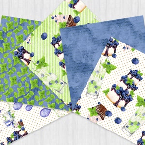 May include: A set of six digital paper patterns featuring blueberries, cupcakes, and cocktails. The patterns are in shades of blue, green, and white with gold accents.