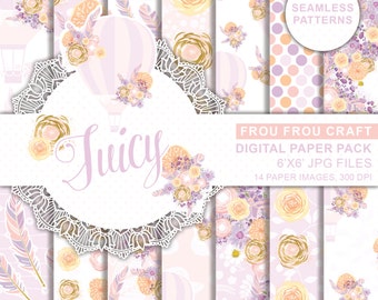 Peach Pink Lavender Seamless Pattern Flower Hot Air Balloon Feather Instant Download Digital Paper Pack Baby Girly Floral Violet Purple Cute