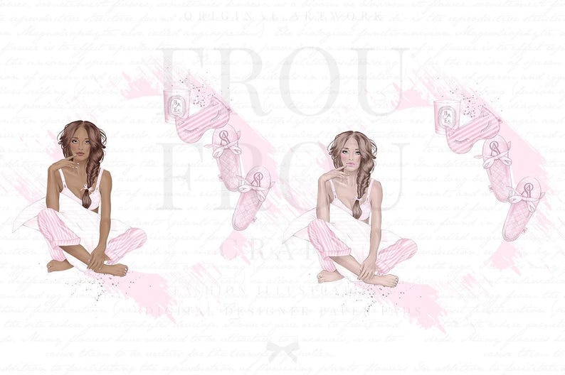May include: Two women in pink and white striped pajamas sitting on a white background with pink accents. The women are wearing pink slippers with bows. The text "Frou Frou" is written in the background.