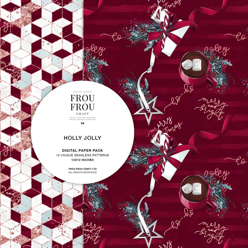 Pu&ograve; includere: Un pacchetto di carta digitale con 12 motivi unici senza cuciture che presentano un design geometrico rosso e bianco, un design a righe rosso e bianco e uno sfondo rosso con ornamenti natalizi bianchi e argentati, agrifoglio, bastoncini di zucchero e cioccolata calda. Il testo "Holly Jolly" &egrave; presente al centro dell'immagine.
