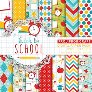 Pode incluir: Um pacote de papel digital com 14 padrões diferentes para o regresso às aulas. Os padrões incluem bolinhas vermelhas e azuis, chevron vermelho e amarelo, xadrez vermelho e azul, e muito mais. Os padrões são de 15,24 cm por 15,24 cm e 300 DPI.