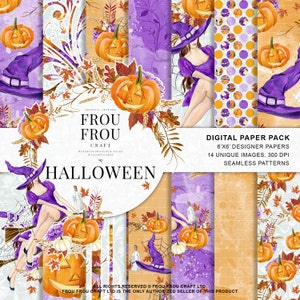 May include: A digital paper pack with 14 unique Halloween themed designs. The designs feature pumpkins, witches, and autumn foliage in shades of orange, purple, and white. The paper pack is 6x6 inches and 300 DPI.