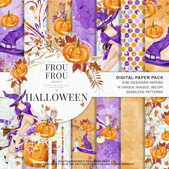 Halloween Scrapbook Halloween Paper Pack Autum Fall Background Witch Hat Pumpkin Broom Broomstick Watercolor Digital Seamless Patterns