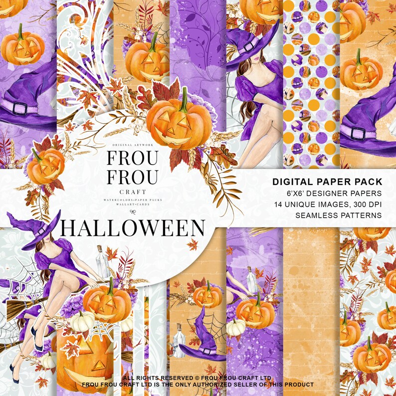 Peut inclure: Un pack de papier num&eacute;rique avec 14 motifs uniques sur le th&egrave;me d'Halloween. Les motifs pr&eacute;sentent des citrouilles, des sorci&egrave;res et des feuillages d'automne dans des tons d'orange, de violet et de blanc. Le pack de papier est de 15,24 x 15,24 cm et 300 DPI.