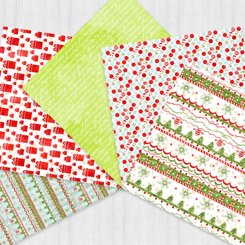 May include: Five digital paper designs featuring Christmas themes. The designs include red and white gift boxes, red and blue polka dots, green and white trees, and red and white stripes.