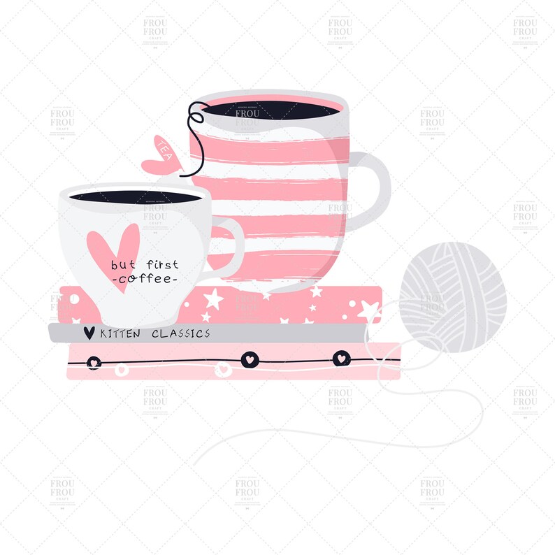 May include: A whimsical illustration featuring two mugs, one striped pink, the other with a heart and the text "but first -coffee-". They rest on books with "KITTEN CLASSICS" and a ball of yarn, evoking a cosy atmosphere.