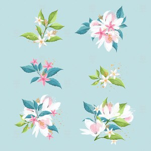 May include: Six different arrangements of white and pink flowers with green leaves on a light blue background. The flowers are arranged in a bouquet style with some gold glitter accents.