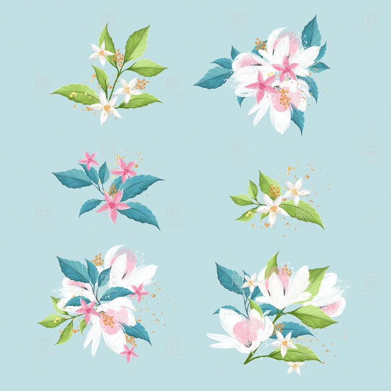 May include: Six different arrangements of white and pink flowers with green leaves on a light blue background. The flowers are arranged in a bouquet style with some gold glitter accents.