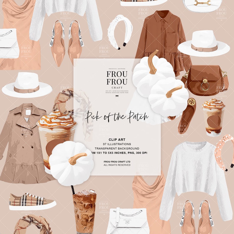 Pu&ograve; includere: Un set di illustrazioni digitali di moda autunnale ed elementi autunnali. Il set include un maglione bianco, una giacca marrone, un cappello bianco, un paio di scarpe marroni, una zucca bianca, una borsa marrone, una tazza di caff&egrave;, una fascia bianca, una camicia rosa, un paio di scarpe bianche e una borsa bianca. Il testo "Pick of the Patch" &egrave; incluso nell'immagine.