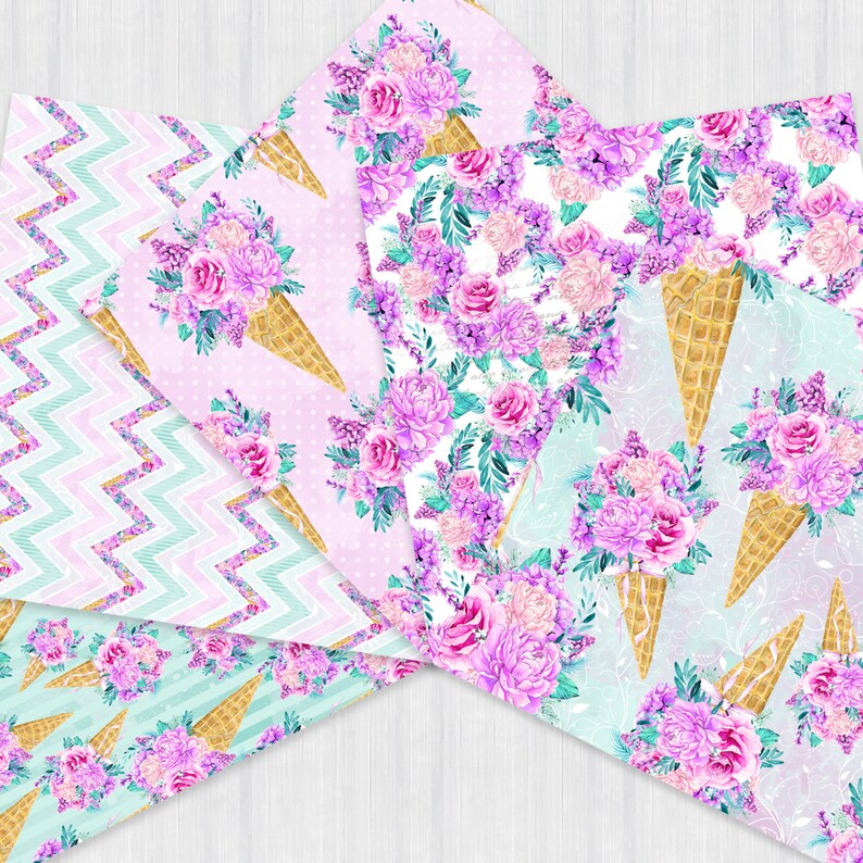 May include: A set of digital paper featuring floral bouquets in ice cream cones. The papers have a variety of patterns including polka dots, stripes, and chevron.