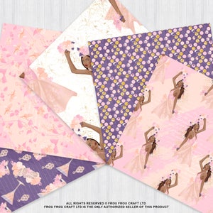 K&ouml;nnte beinhalten: Digitales Papierpaket mit vier verschiedenen Mustern, die eine Frau in einem rosa Kleid mit einer Blumenkrone und goldenen Akzenten zeigen. Die Muster umfassen ein rosa Blumenmuster, ein violettes Punkte-Muster, ein wei&szlig;es Blumenmuster und ein violettes Blumenmuster.
