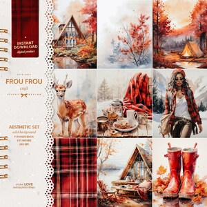 May include: Aesthetic digital art set featuring watercolor illustrations of autumn scenes. Includes a cabin, deer, plaid blanket, and red rain boots. The set includes 9 images, each 4x5 inches, perfect for digital projects. The text reads "Frou Frou Craft" and "Instant Download".