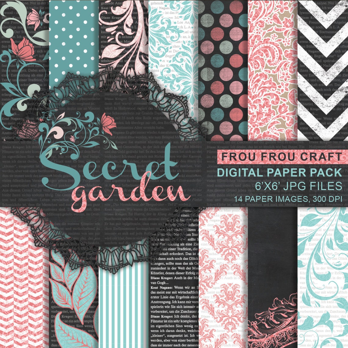 Pink Blue Flowers Digital Paper Pack Instant Download Chalkboard ...