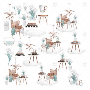 May include: A digital illustration of a living room interior design with a variety of furniture and decor. The illustration features a brown armchair, a side table, a vase with white flowers, a glass vase, a lamp, and a coffee table. The illustration is done in a watercolor style and has a soft, muted color palette.
