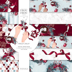 May include: A digital paper pack with 12 unique seamless patterns featuring a festive Christmas theme. The patterns include red and white candy canes, red bows, red and white polka dots, a geometric pattern, and a blue and white pattern with snowflakes and pine branches. The patterns are 12x12 inches.