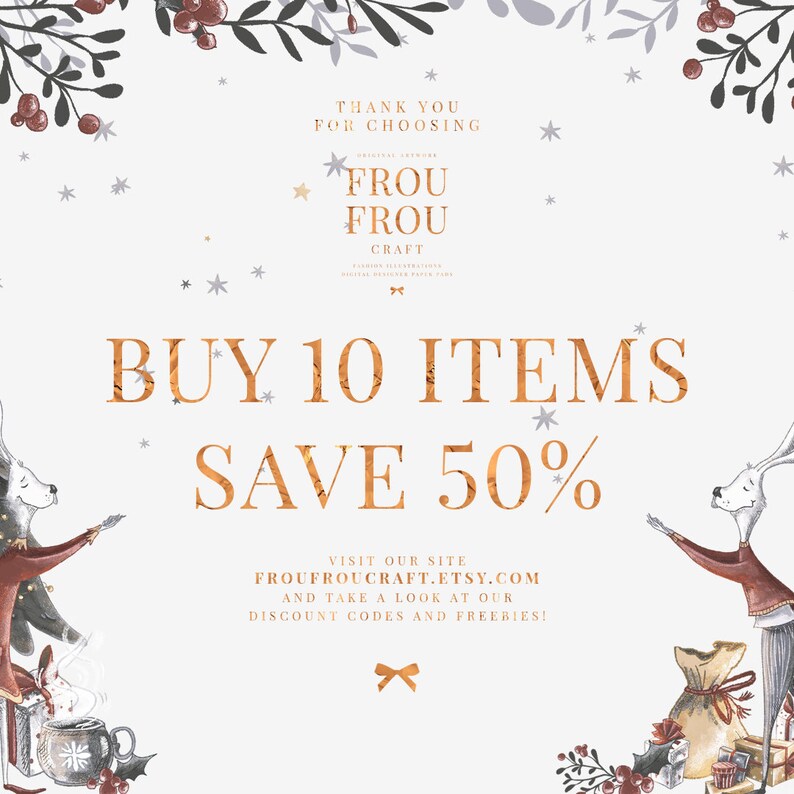 May include: A promotional graphic with text that reads "BUY 10 ITEMS SAVE 50%" in gold lettering. The image features illustrations of rabbits, gifts, and decorative elements. The text "FROU FROU CRAFT" is also displayed.