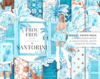 Tropical Summer Paper Pack, Beach Girl Digital Backgrounds, Vacation Planner Stickers, Greece Santorini Greek Palms Fabric Fashion Wallpaper