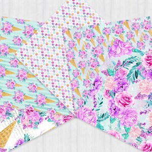 May include: A set of four digital paper designs featuring a floral pattern with ice cream cones. The patterns include a white background with pink and gold polka dots, a light blue background with white stripes and gold ice cream cones, a light blue background with a floral pattern, and a white background with a floral pattern.