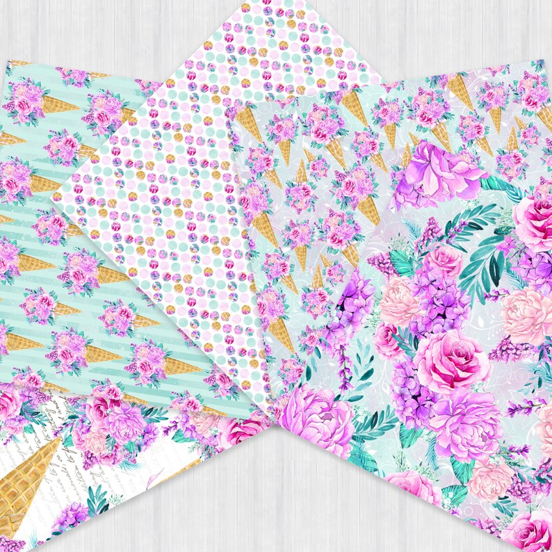 May include: A set of four digital paper designs featuring a floral pattern with ice cream cones. The patterns include a white background with pink and gold polka dots, a light blue background with white stripes and gold ice cream cones, a light blue background with a floral pattern, and a white background with a floral pattern.
