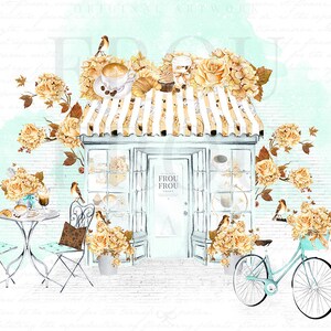 May include: A watercolor illustration of a charming French cafe with a striped awning, floral accents, and a bicycle parked outside. The cafe is called "Frou Frou" and has a window display of pastries and coffee.
