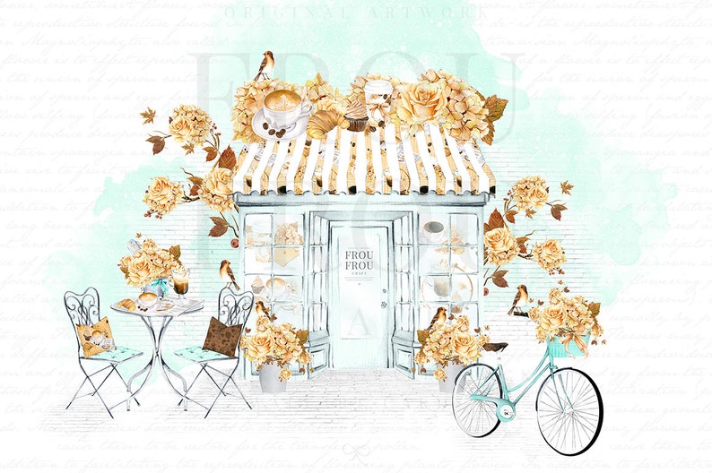 May include: A watercolor illustration of a charming French cafe with a striped awning, floral accents, and a bicycle parked outside. The cafe is called "Frou Frou" and has a window display of pastries and coffee.