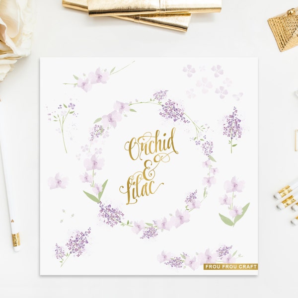 Orchid and Lilac ClipArt Intant Download Digital Watercolor Flowers Violet Purple Romantic Floral Green Bouquet Wedding Invitation DIY