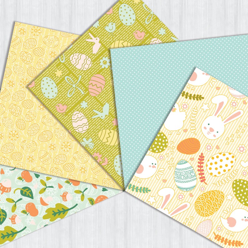 May include: Five different patterned papers with an Easter theme. The patterns include yellow eggs, bunnies, chicks, and flowers on a light blue, yellow, and green background.