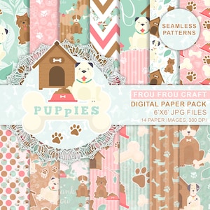 Puppies Digital Paper Pack, Cute Pets, Seamless Patterns, Little Dog, Nursery, Baby Shower, Pink, Mint, Instant Download, Pastel, DIY Pack