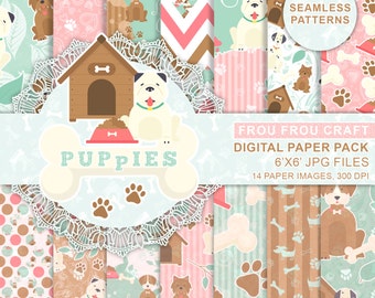 May include: A digital paper pack with 14 seamless patterns featuring cute puppies, dog bones, paw prints, and doghouses. The patterns are in shades of pink, brown, green, and white. The text "Puppies" is in a large font on a bone-shaped banner.