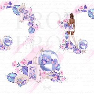 May include: Three watercolour illustrations featuring a woman in a white dress, a suitcase, a globe, and floral accents. The illustrations are set against a white background with pink and blue brushstrokes.
