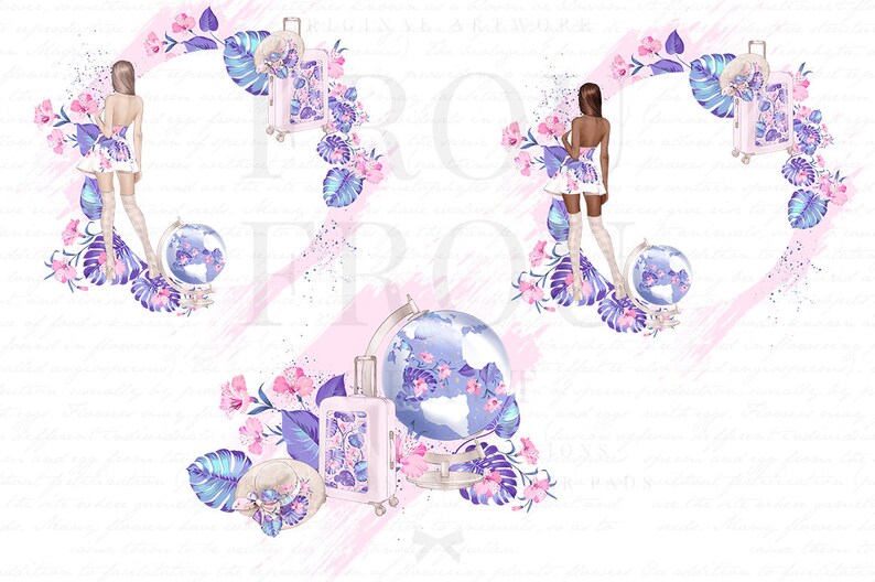 May include: Three watercolour illustrations featuring a woman in a white dress, a suitcase, a globe, and floral accents. The illustrations are set against a white background with pink and blue brushstrokes.