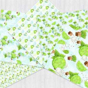 May include: Five different digital paper designs featuring a watercolor pattern of lime wedges, mint leaves, sugar cubes, and ice. The patterns are on a light blue background with white accents.