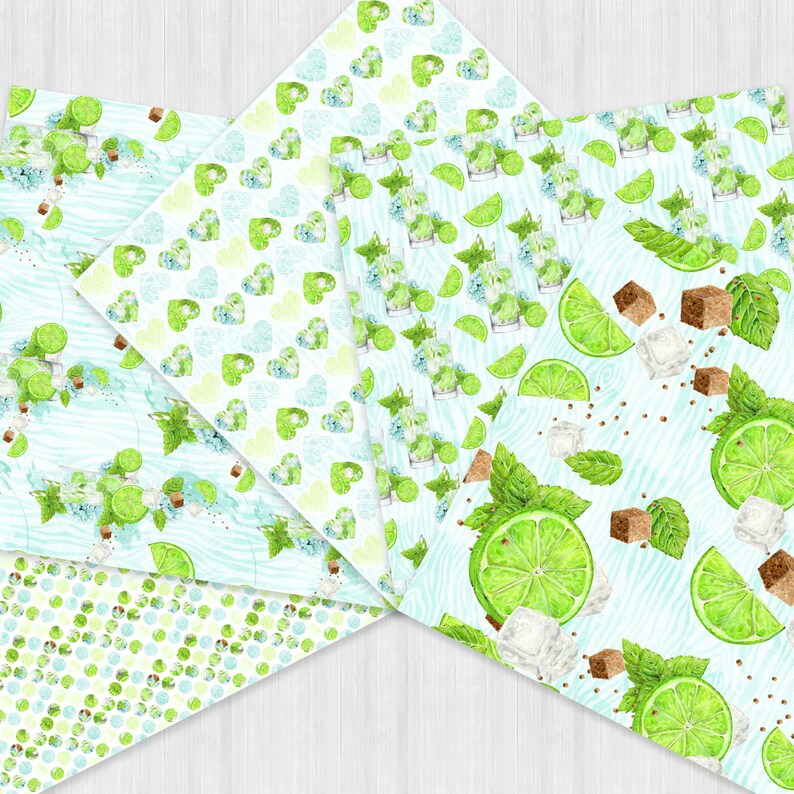 May include: Five different digital paper designs featuring a watercolor pattern of lime wedges, mint leaves, sugar cubes, and ice. The patterns are on a light blue background with white accents.