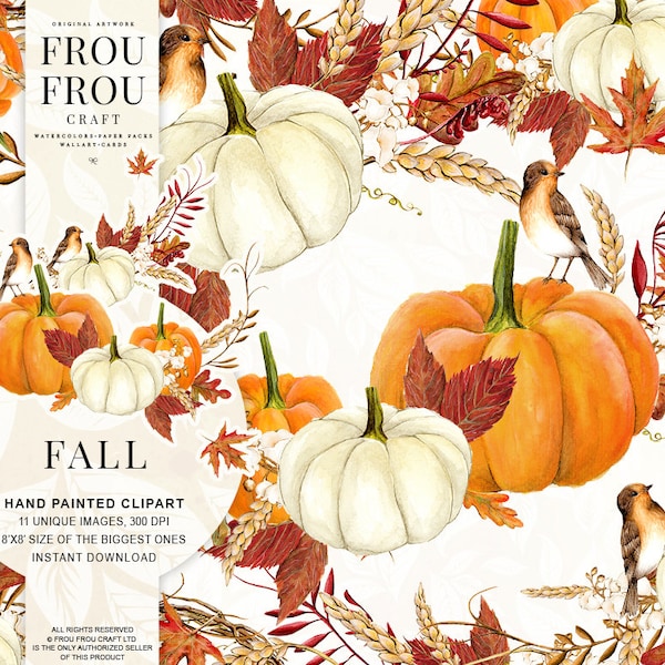 Fall Clip Art Autumn Clipart Watercolor Pumpkin Halloween Thanksgiving Handpainted Illustration Orange Red Seasonal Floral Wreath Bouquet