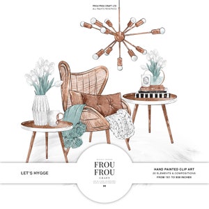 May include: A hand-painted illustration of a cozy living room scene with a wicker armchair, a side table, a bouquet of white tulips, and a modern chandelier. The illustration is in a watercolor style and features warm, earthy tones.
