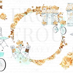 May include: A watercolor illustration of a floral wreath with a light blue background. The wreath is made up of yellow and brown flowers and leaves. There are also images of a bicycle, a table and chairs, and a small shop with a sign that says "Frou Frou Kraft".