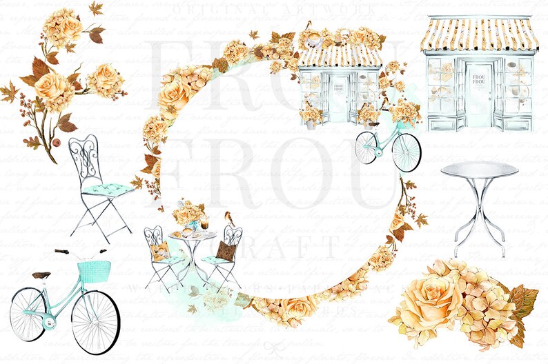 May include: A watercolor illustration of a floral wreath with a light blue background. The wreath is made up of yellow and brown flowers and leaves. There are also images of a bicycle, a table and chairs, and a small shop with a sign that says "Frou Frou Kraft".