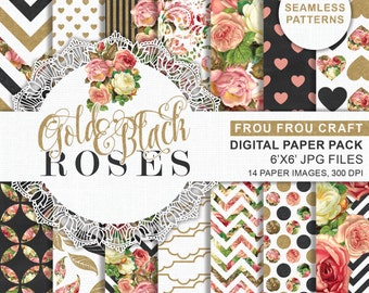 Gold Black Roses Printable Paper, Romantic Paper Pattern, Gold Roses Digital Pattern, Gold and Black Paper, Pink Roses Shabby Chic Digital