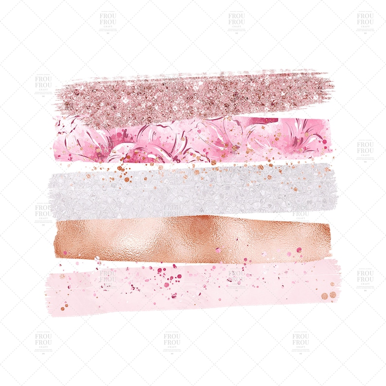 May include: A digital illustration of a pink, white, and gold abstract design. The design features a series of horizontal stripes with different textures, including glitter, floral patterns, and metallic foil.