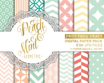Mint and Peach Geometric Digital Paper Pack Instant Download Polka Dots Circles Chevron Stripes Pink Yellow Green Blue White 6x6 inches