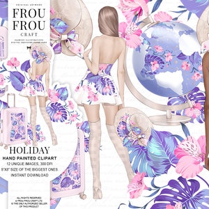May include: A digital clipart set featuring two women in white dresses with floral patterns, a globe, suitcases, and hats. The floral patterns are in shades of pink, purple, and blue. The background is white.