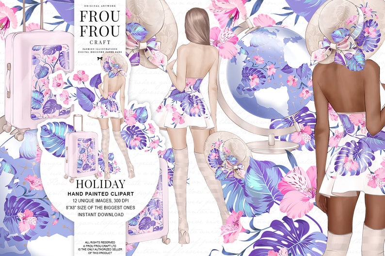 May include: A digital clipart set featuring two women in white dresses with floral patterns, a globe, suitcases, and hats. The floral patterns are in shades of pink, purple, and blue. The background is white.