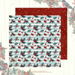 May include: A digital paper pack with two seamless patterns featuring a winter holiday theme. The first pattern is a blue and white striped background with red berries and green holly leaves. The second pattern is a red background with gold glitter and a floral design.