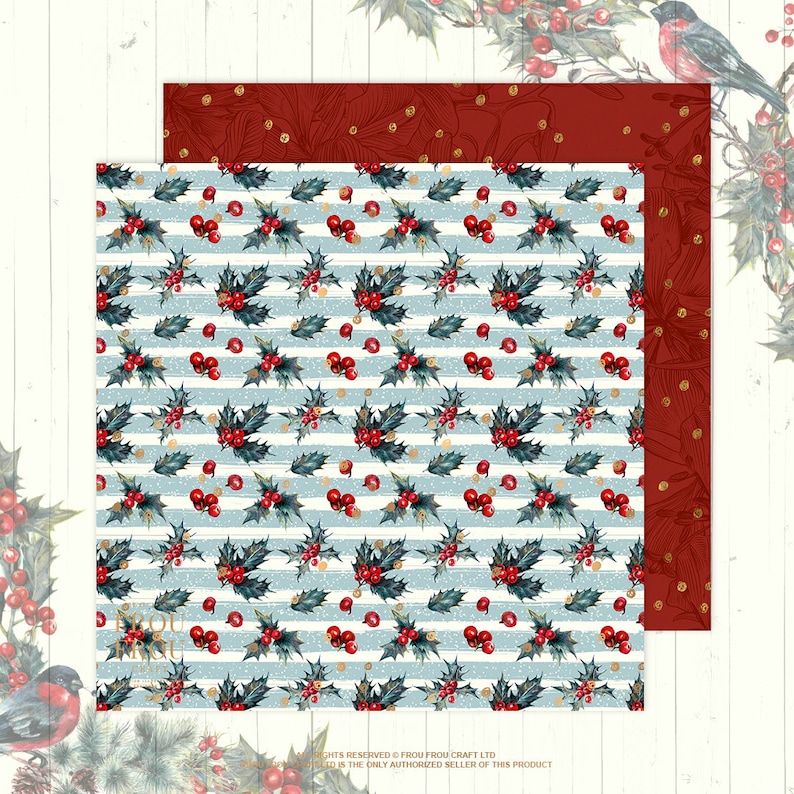 May include: A digital paper pack with two seamless patterns featuring a winter holiday theme. The first pattern is a blue and white striped background with red berries and green holly leaves. The second pattern is a red background with gold glitter and a floral design.