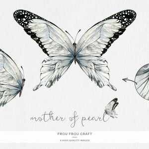 Puede incluir: Ilustraci&oacute;n de acuarela de tres mariposas con alas blancas y negras. Las mariposas tienen un efecto nacarado. El texto "mother of pearl" est&aacute; escrito debajo de las mariposas. El texto "Frou Frou Craft" y "6 High Quality Images" est&aacute; escrito debajo del texto "mother of pearl".
