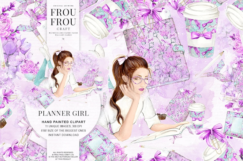 School Clipart Planner Girl Clip Art Fashion Illustration Planner Cover Girly Pastel Watercolor Floral Handpainted Lavender Purple EC Plan