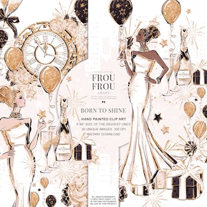 Neujahr Clip Art Mode Geburtstag Party Clipart Winter Gold Glitzer Champagner Planer Sticker Verlobung Bachelorette Party DIY Einladung