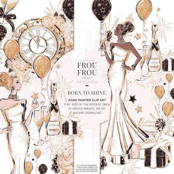 New Year Clip Art Fashion Birthday Party Clipart Winter Gold Glitter  Champagne Planner Stickers Engagement Bachelorette Party DIY Invitation -  Etsy