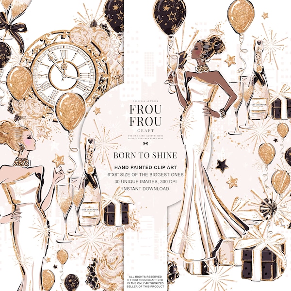 New Year Clip Art Fashion Birthday Party Clipart Winter Gold Glitter Champagne Planner Stickers Engagement Bachelorette Party DIY Invitation